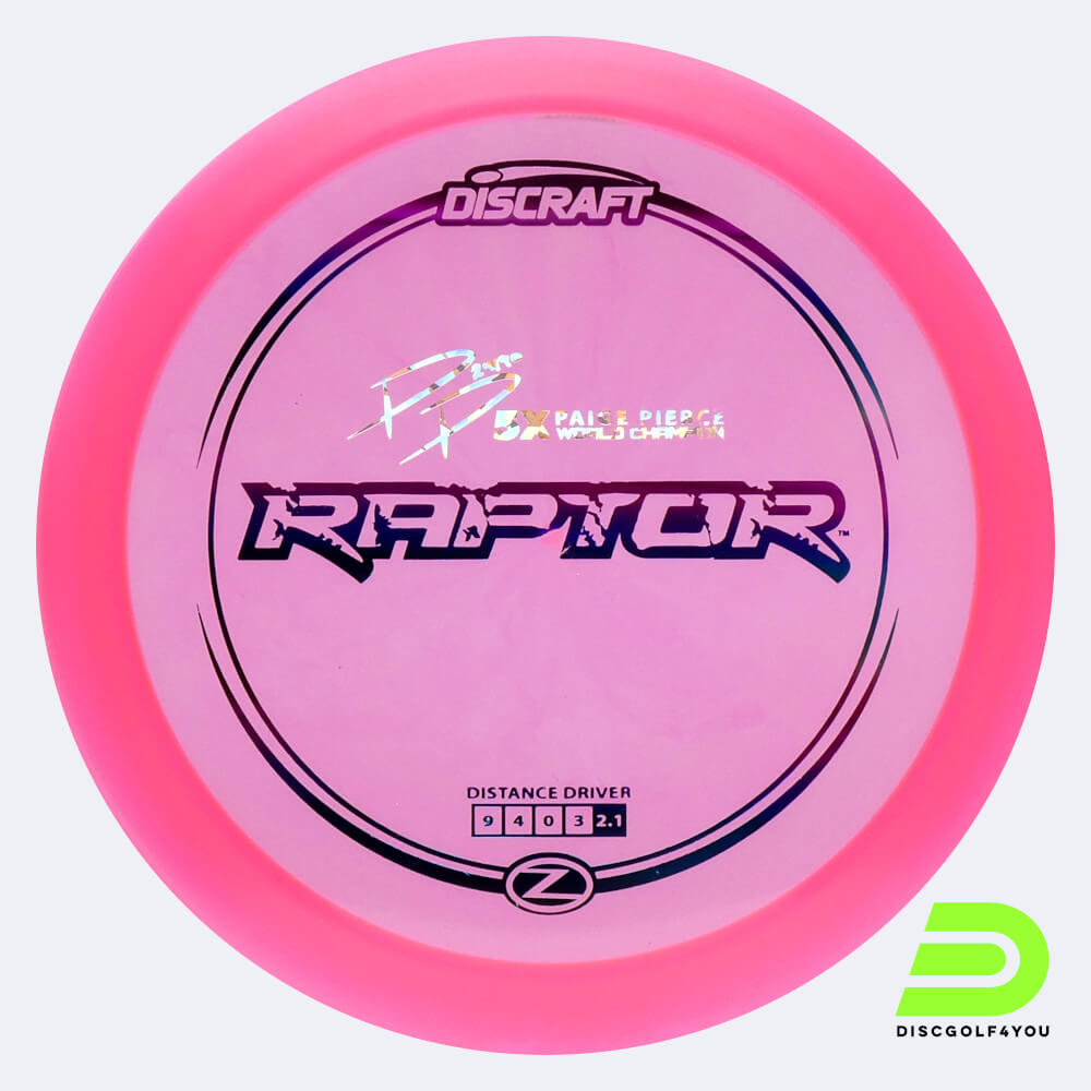 Discraft Raptor Paige Pierce Signature Series in pink, z-line plastic Discraft Raptor Paige Pierce Signature Series in pink, z-line plastic