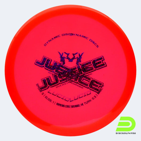Dynamic Discs Justice in red, lucid plastic and misprint effect Dynamic Discs Justice in red, lucid plastic and misprint effect